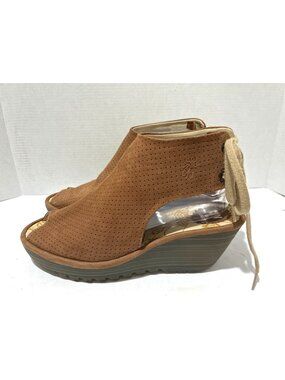 Fly London Brown Perforated Suede Wedge Sandals Lace-Up Back Womens EU Size 39